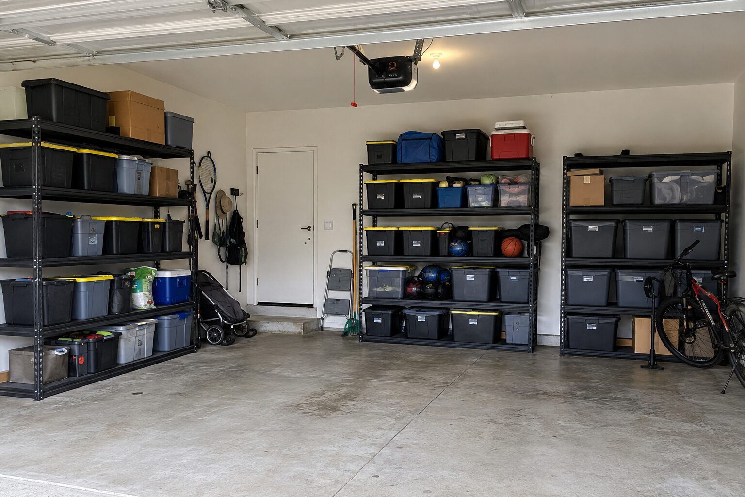 Full Reset garage with heavy-duty freestanding shelving and organized storage bins on a concrete floor