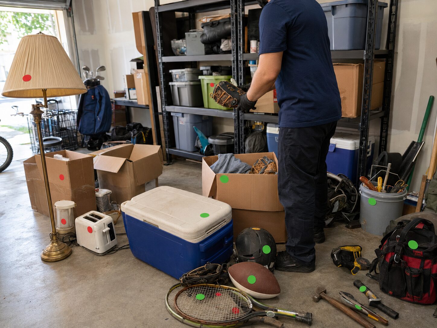 Red and green stickers placed directly on garage items to mark what stays and what goes