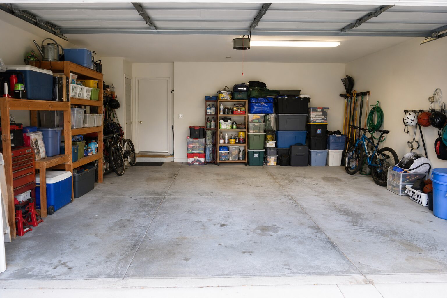 One-Day Garage Reset organized with the homeowner's existing shelves, boxes, and storage bins